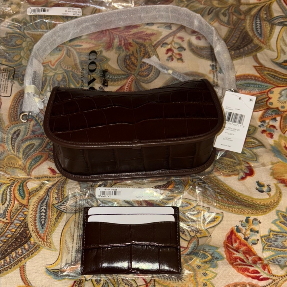 Coach Brown Croc Embossed Shoulder Bag with Card Holder